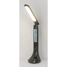 Nabíjecí stolní lampa, plast, černá, hodiny, kalendář, budík, s adaptérem, zapnutí dotykem, dotykový stmívač, včetně 3,7V 1200mAh Li-ion, ŠxV: 20x43cm, včetně 1xLED 4W 230V, 30-200lm, 4000K.
