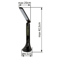Nabíjecí stolní lampa, plast, černá, hodiny, kalendář, budík, s adaptérem, zapnutí dotykem, dotykový stmívač, včetně 3,7V 1200mAh Li-ion, ŠxV: 20x43cm, včetně 1xLED 4W 230V, 30-200lm, 4000K.