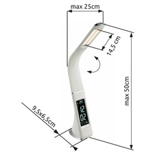 Stolní svítidlo, plast, bílá, chrom, s hodinami a budíkem, flexi, stmívatelné, fixace barev, dotykový stmívač, DxŠxV: 25x7x51cm, 1xLED 6,5W 230V, 260lm, změna barvy světla, 3000-4500-5800K