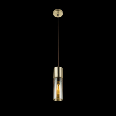 Závěsné svítidlo, kov zlatý matný, sklo jantar, hnědý textilní kabel, Ø105, V:1525, bez žárovky 1xE27, max. 25W 230V.