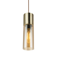 Závěsné svítidlo, kov zlatý matný, sklo jantar, hnědý textilní kabel, Ø9cm, V:153cm, bez žárovky 1xE27, max. 25W 230V.