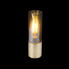 Stolní svítidlo, kov zlatý matný, sklo jantar, hnědý textilní kabel 1,5 m, dotykový vypínač on/off, Ø90, V:300, bez žárovky 1xE27, max. 25W 230V.