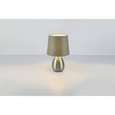 Stolní lampa, kov chrom, textil šedý, kabel 1,4m, vypínač, Ø250, V:370, bez žárovky 1xE27 40W 230V.