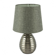 Stolní lampa, kov chrom, textil šedý, kabel 1,4m, vypínač, Ø250, V:370, bez žárovky 1xE27 40W 230V.