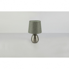 Stolní lampa, kov chrom, textil šedý, kabel 1,4m, vypínač, Ø250, V:370, bez žárovky 1xE27 40W 230V.