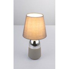 Stolní lampa, kov šedý, textil šedý, textilní kabel černo-bílý 1,5 m, dotykový spínač on/off, Ø16cm, V:31cm, bez žárovky 1xE14, max. 40W 230V.