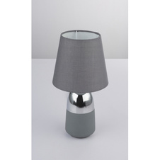 Stolní lampa, kov šedý, textil šedý, textilní kabel černo-bílý 1,5 m, dotykový spínač on/off, Ø16cm, V:31cm, bez žárovky 1xE14, max. 40W 230V.