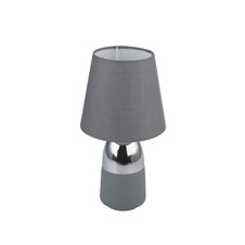 Stolní lampa, kov šedý, textil šedý, textilní kabel černo-bílý 1,5 m, dotykový spínač on/off, Ø16cm, V:31cm, bez žárovky 1xE14, max. 40W 230V.