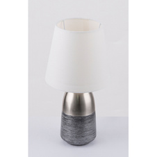 Stolní lampa, nikl matný, textil bílý, textilní kabel černo-bílý 1,5 m, dotykový spínač on/off, Ø16cm, V:31cm, bez žárovky 1xE14, max. 40W 230V