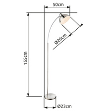 Stojanové svítidlo, kov nikl matný, chrom, kabel 1,8m, vypínač, DxŠxV: 50x23x155cm, bez žárovky 1xE27, max. 40W 230V.