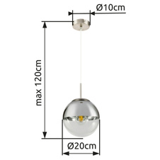 Závěsné svítidlo, kov nikl matný, sklo průhledné chrom, Ø20cm, V:120cm, bez žárovky 1xE27, max. 40W 230V.