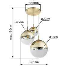 Závěsné svítidlo, kov zlatý, sklo průhledné zlaté, 3 koule s průměrem: 20 - 25 - 30 cm, Ø51cm, V:120cm, bez žárovek 3xE27, max. 40W 230V.