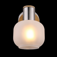 Nástěnné svítidlo, nikl matný, kov imitace dřeva, sklo satinované, vypínač, ŠxV: 100x125, AL: 160, bez žárovky 1xE14, max. 40W 230V