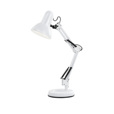 Stolní lampa, bílý kov, plast, nastavitelné, vypínač, ŠxV: 40x59cm, bez žárovky 1xE27, max. 40W 230V.