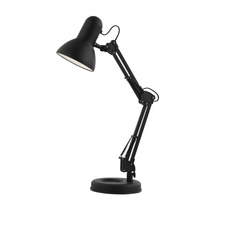 Stolní lampa, kov černý, plast, nastavitelné, vypínač, ŠxV: 40x59cm, bez žárovky 1xE27, max. 40W 230V.
