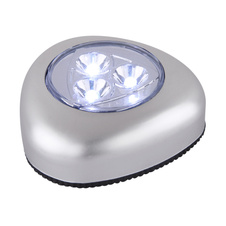 LED svítidlo, Pushlight, plast, stříbrná, průhledná, tlačítkový vypínač, včetně baterie 3xAAA 1,5V, DxŠxV: 6,5x6,7x2,6cm, včetně 3xLED 0,21W 5V, 20lm, 6400K.