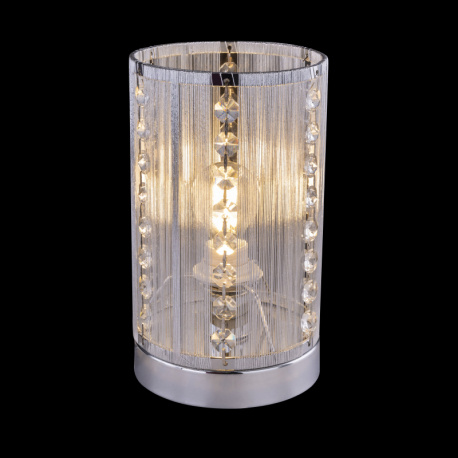 Stolní lampa, chrom, stříbrné kovové tyče, K5 křišťály průhledné, vypínač, Ø120, V: 210, bez žárovky 1xE14, max. 40W 230V