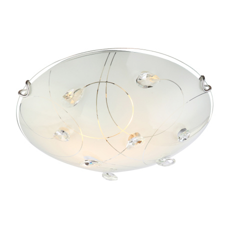 Stropní svítidlo, nikl matný, sklo opál, K5 křišťály čiré, Ø30cm, V:9cm, bez žárovek 2xE27, max. 60W 230V.