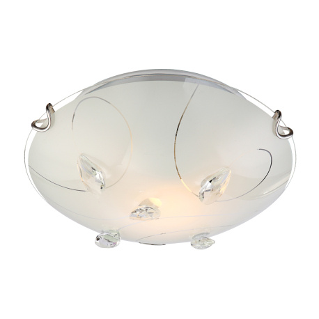 Stropní svítidlo, nikl matný, sklo opál, K5 křišťály čiré, Ø25cm, V:8cm, bez žárovky 1xE27, max. 60W 230V.