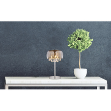 Stolní svítidlo, chrom, sklo kouřové, skleněné křišťály průhledné, kabel 1,5m, vypínač, Ø27cm, V:45cm, bez žárovek 3xG9, max. 28W 230V