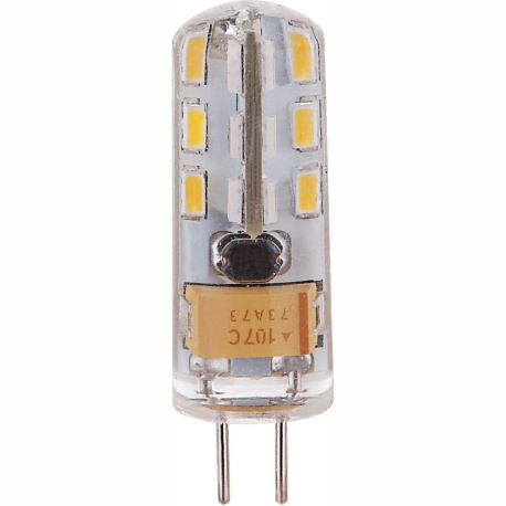 LED žárovka, plast průhledný, Ø12, V:37, G4 1,3W 12V, 100lm, 3000K.