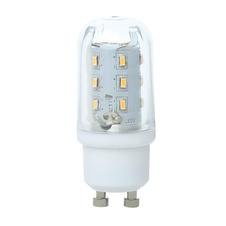 LED žárovka, plast bílý, sklo průhledné, Mini, Ø2,5cm, V:6,1cm, 1xGU10 LED 4W 230V, 400lm, 3000K.