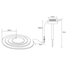 Solární řetěz plast černý, čirý, satinovaný, vypínač, vč. baterie 400mAh 3,2V, IP44, 60 LED/m, 8 funkcí, D:3000mm, délka kabelu 1500mm, vč. 60x LED 0,1W 3V, červená, včetně 60x LED 0,1W 3V, zelená, kromě 60x LED 0,1W 3V, modrá