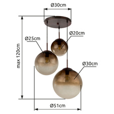 Závěsné svítidlo, kov hnědý, sklo amber, 3 koule Ø20 - 25 - 30 cm, Ø51cm, V:120cm, bez žárovek 3xE27, max. 40W 230V