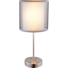 Stolní lampa, kov nikl matný, plast, textil šedý, výška stínidla 15 cm, vypínač, Ø15cm, V:35cm, bez žárovky 1xE14, max. 40W 230V.