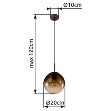 Závěsné svítidlo, kov hnědý, sklo amber, Ø20cm, V:120cm, bez žárovky 1xE27, max. 40W 230V