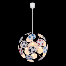 Závěsné svítidlo, plast, bílá, plast vícebarevný, koule s fotbalovými míčky, Ø350, V: 1200, bez žárovek 4xE14, max. 40W 230V