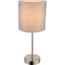 Stolní lampa, kov nikl matný, plast, textil šedý, výška stínidla 15 cm, vypínač, Ø15cm, V:35cm, bez žárovky 1xE14, max. 40W 230V.