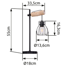 Stolní lampa, černý kov, dřevo přírodní, černý kov, vypínač, DxŠxV: 33x18x55cm, bez žárovky 1xE27, max. 40W 230V