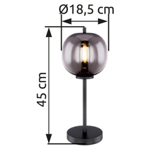 Stolní lampa, černý kov, kouřové sklo, vypínač, Ø19cm, V:45cm, bez žárovky 1xE14, max. 40W 230V