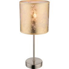 Stolní lampa, kov nikl matný, textil zlatý, výška stínidla 15 cm, vypínač, Ø15cm, V:35cm, bez žárovky 1xE14, max. 40W 230V.
