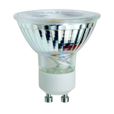 LED žárovka, plast bílý, plast průhledný, CRI&gt;80, úhel světla 38°, Ø50, V:53, GU10 LED 6W 230V, 450lm, 3000K.