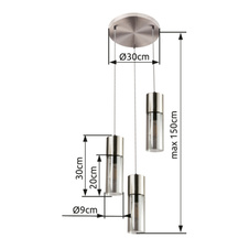 Závěsné svítidlo, nikl, kouřové sklo, textilní kabel černý a bílý, Ø30cm, V:150cm, bez žárovek 3xE27, max. 25W 230V