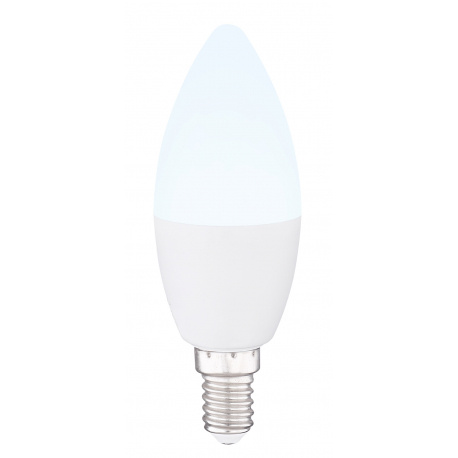LED žárovka, hliník, polykarbonát bílý, plast opál, svíčkový tvar, RGB + bílá, stmívatelná, dálkové ovládání, změna barvy světla, fixace barev, Ø37, V:106, 1xE14 RGBW 4W 230V, 300lm, 3000K.
