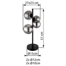 Stolní lampa, kov černý, kouřové sklo, sklo Ø2x12cm, 2x10cm, včetně 10676 LED LM, vypínač, DxŠxV: 24x19x48cm, včetně 4xG9 LED 3.5W 230V, 80lm, 3000K