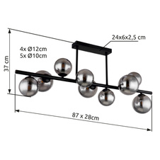 Stropní svítidlo, kov černý, sklo, sklo Ø4x12cm, 5x10cm, včetně 10676, DxŠxV: 86x30x36cm, včetně 9xG9 LED 3.5W 230V, 80lm, 3000K