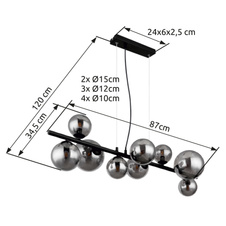 Závěsné svítidlo, kov černý, kouřové sklo, sklo Ø2x15cm, 3x12cm, 4x10cm, včetně 10676 LED, DxŠxV: 86x36x120cm, včetně 9xG9 LED 3.5W 230V, 80lm, 3000K