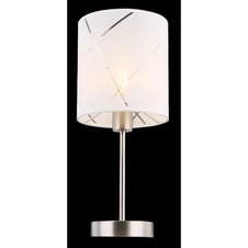 Stolní lampa, nikl, textil bílý, akryl průhledný, transparentní kabel 1,8m, vypínač, Ø15cm, V:35cm, bez žárovky 1xE14, max. 25W 230V