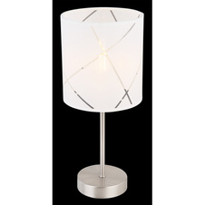 Stolní lampa, nikl, textil bílý, akryl průhledný, transparentní kabel 1,8m, vypínač, Ø15cm, V:35cm, bez žárovky 1xE14, max. 25W 230V