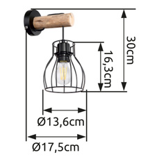 Nástěnné svítidlo, černý kov, dřevo přírodní, černý kov, vypínač, ŠxV: 14x30cm, H:18cm, bez žárovky 1xE27, max. 40W 230V