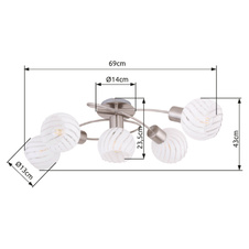 Stropní svítidlo, nikl, sklo průhledné bílé, DxŠxV: 69x43x24cm, bez žárovek 5xE27, max. 40W 230V