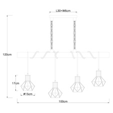 Závěsné svítidlo, kov černý, dřevo, konopné lano, DxŠxV: 1000x150x1200, bez žárovek 4xE27, max. 60W 230V