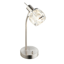 Stolní lampa, kov nikl matný, chrom, skleněný křišťál průhledný, flexi, vypínač, DxŠxV: 22x12x28cm, bez žárovky 1xE14, max. 40W 230V