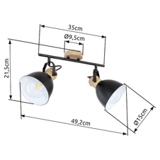 Nástěnné svítidlo, kov černý, kov v barvě imitující dřevo, hnědý, DxŠxV: 35x15x22cm, bez žárovek 2xE27, max. 40W 230V
