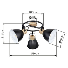 Stropní svítidlo, kov černý, kov v barvě imitující dřevo, hnědý, Ø25cm, V:22cm, bez žárovek 3xE27, max. 40W 230V