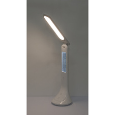 Stolní lampa, plast, bílá, hodiny, kalendář, budík, s adaptérem, zapnutí dotykem, dotykový stmívač, včetně 3,7V 1200mAh Li-ion, ŠxV: 20x43cm, včetně 1xLED 4W 230V, 30-200lm, 4000K.